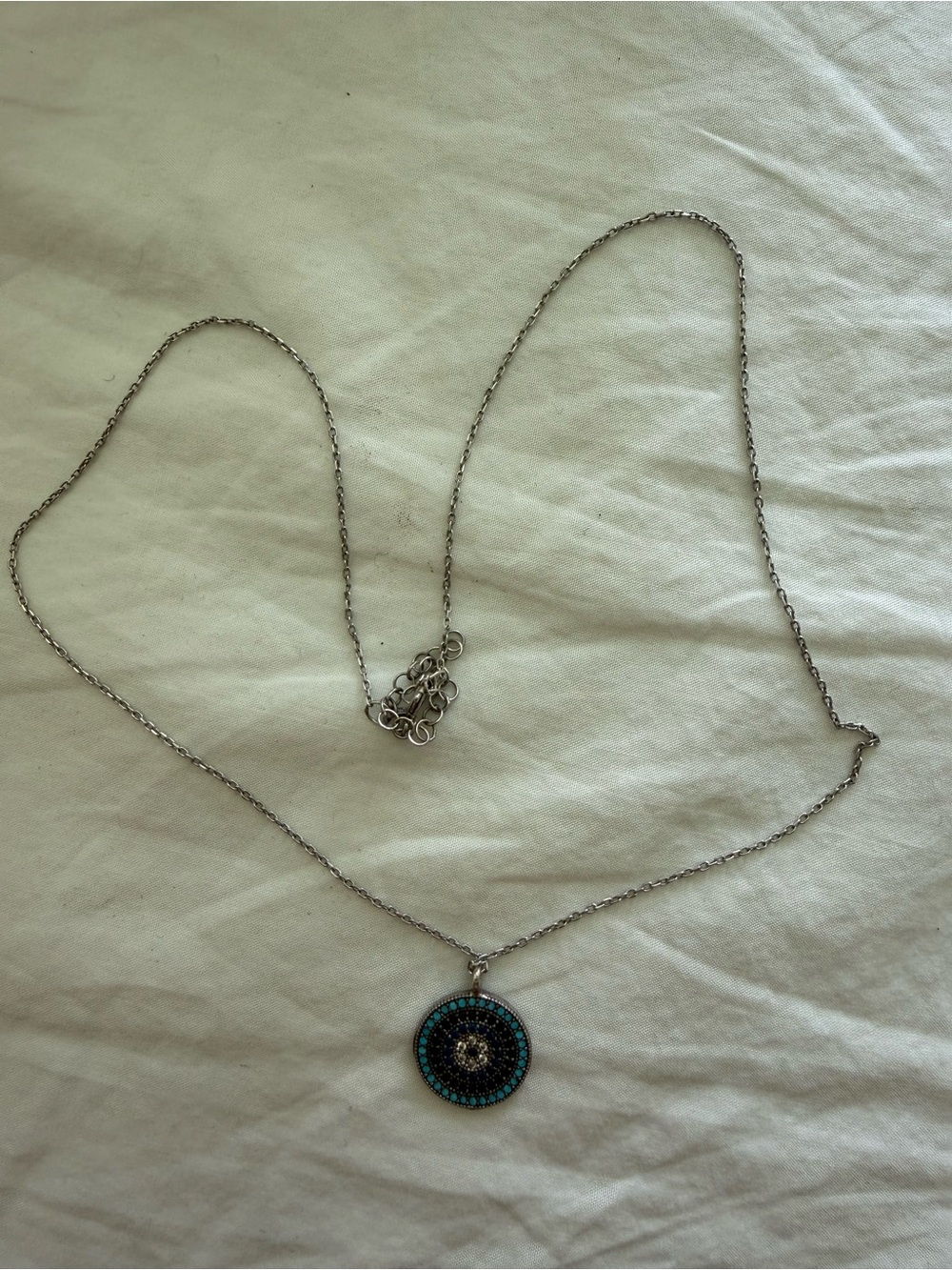 Silver Necklace with Turquoise and Black Circular Pendant